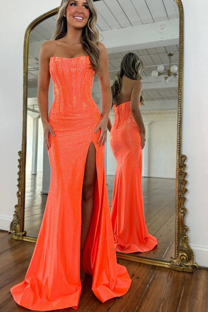 Gorgeous Mermaid Strapless Orange Hot Fix Satin Prom Dress with Slit