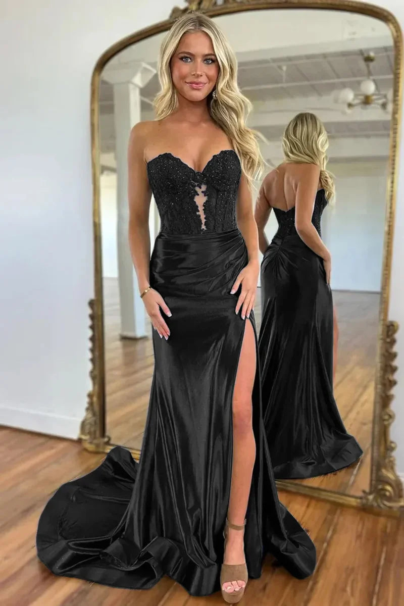 Gorgeous Mermaid Sweetheart Navy Blue Satin Prom Dress with Appliques Split