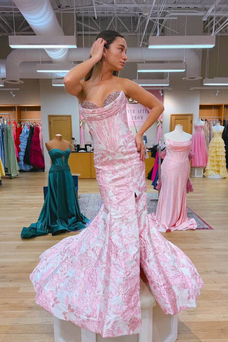 Gorgeous Mermaid Sweetheart Pink Jacquard Satin Prom Dress with Beading