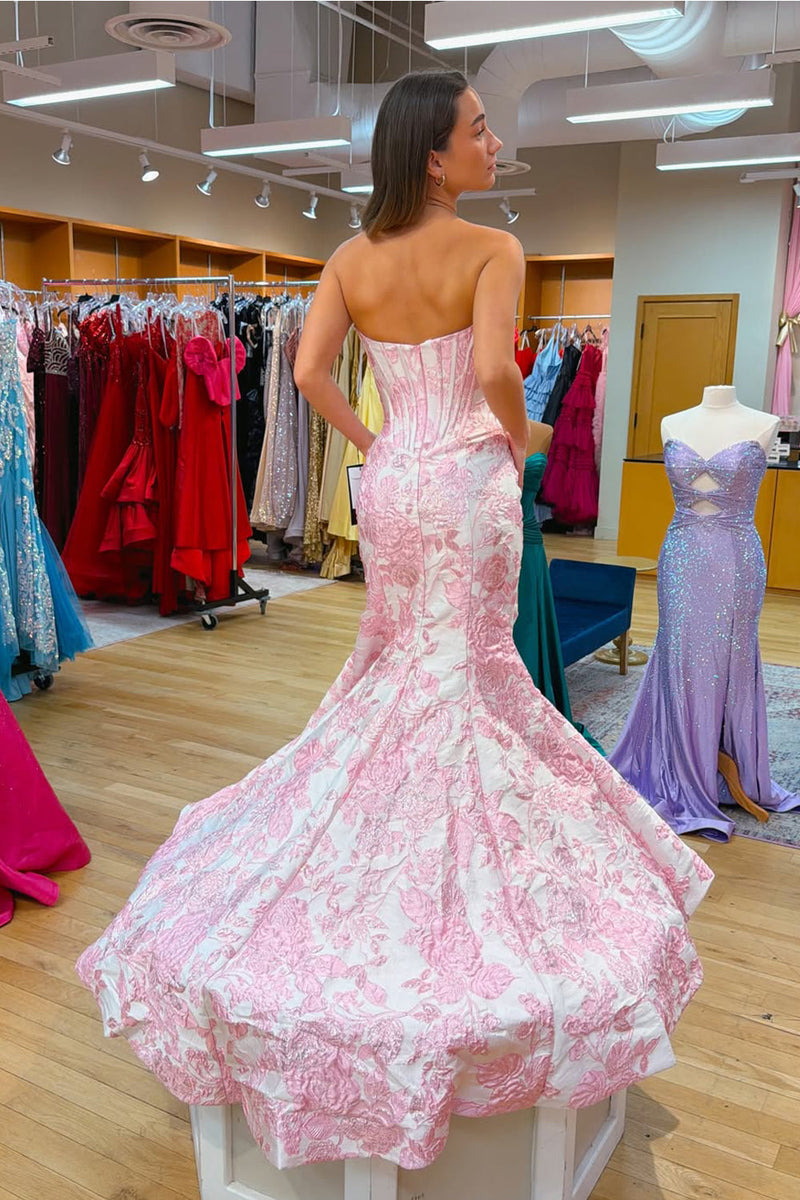 Gorgeous Mermaid Sweetheart Pink Jacquard Satin Prom Dress with Beading