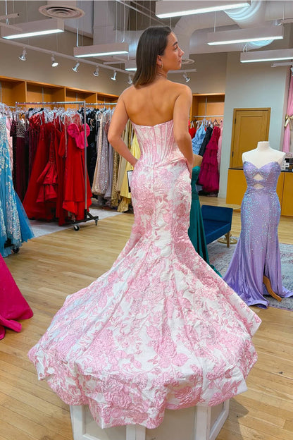 Gorgeous Mermaid Sweetheart Pink Jacquard Satin Prom Dress with Beading