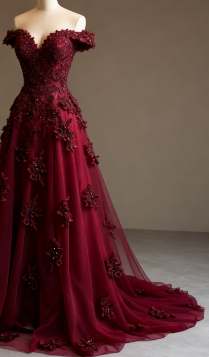 Gorgeous Red A-line Off-the-shoulder Tulle Beaded Long Prom Dress Formal Applique Evening Dress