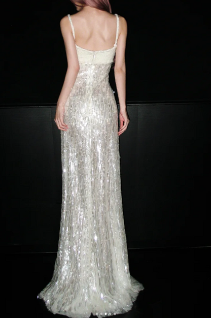 Gorgeous Sheath Long Wedding Dresses Spaghetti Straps Sequins White Bridal Gowns Sleeveless Bridal Dresses