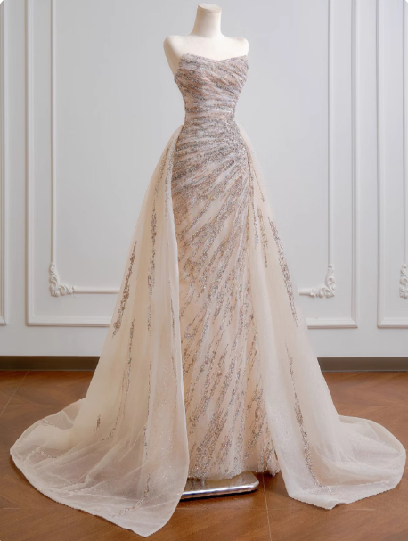 Gorgeous Sheath Long Wedding Dresses Tulle Beaded Champagne Bridal Gowns Sleeveless Strapless Bridal Dresses