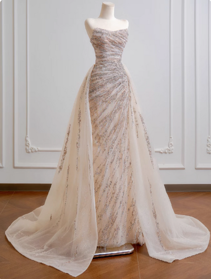 Gorgeous Sheath Long Wedding Dresses Tulle Beaded Champagne Bridal Gowns Sleeveless Strapless Bridal Dresses