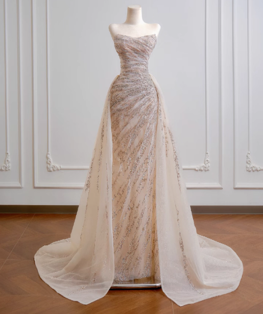 Gorgeous Sheath Long Wedding Dresses Tulle Beaded Champagne Bridal Gowns Sleeveless Strapless Bridal Dresses
