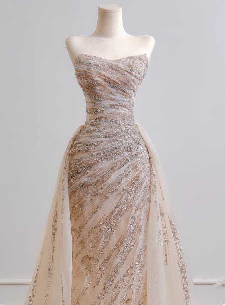 Gorgeous Sheath Long Wedding Dresses Tulle Beaded Champagne Bridal Gowns Sleeveless Strapless Bridal Dresses