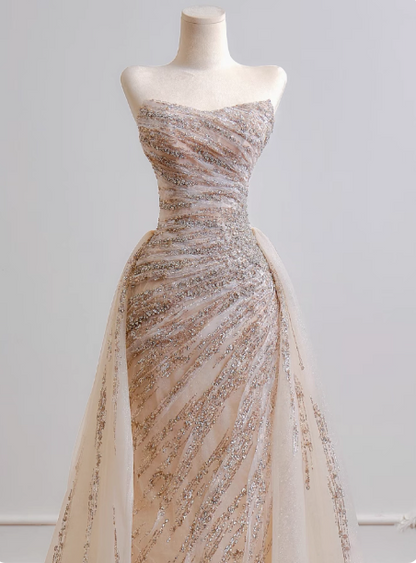 Gorgeous Sheath Long Wedding Dresses Tulle Beaded Champagne Bridal Gowns Sleeveless Strapless Bridal Dresses