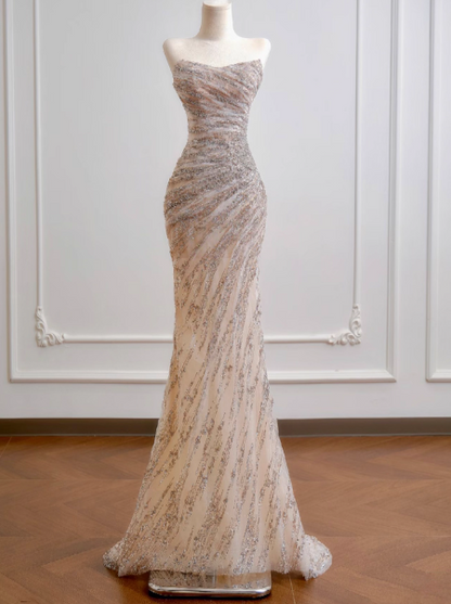 Gorgeous Sheath Long Wedding Dresses Tulle Beaded Champagne Bridal Gowns Sleeveless Strapless Bridal Dresses