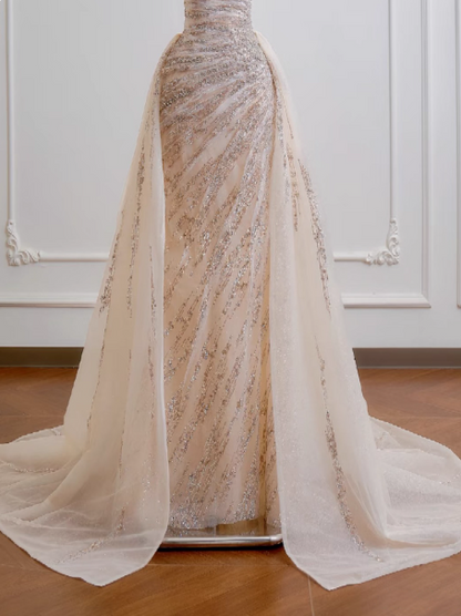 Gorgeous Sheath Long Wedding Dresses Tulle Beaded Champagne Bridal Gowns Sleeveless Strapless Bridal Dresses