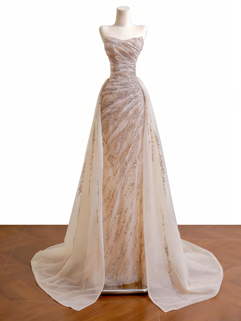 Gorgeous Sheath Long Wedding Dresses Tulle Beaded Champagne Bridal Gowns Sleeveless Strapless Bridal Dresses