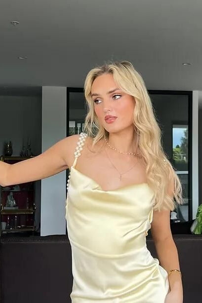 Gorgeous Sheath Spaghetti Straps Yellow Long Party Dress with Pearl Backless
