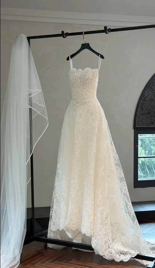 Gorgeous Strapless A-line Long Weddng Dresses Lace Appliques White Bridal Gowns Sleeveless Bridal Dresses