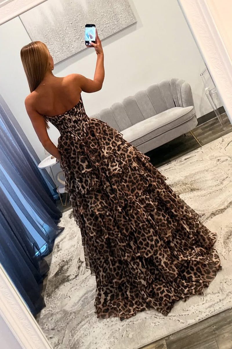Gorgeous Sweetheart Ball Gown Leopard Print Tiered Prom Dress with Appliques