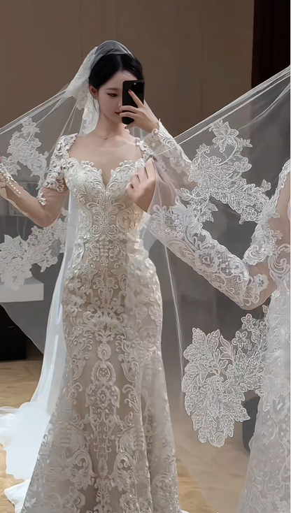 Gorgeous Sweetheart Mermaid Long Weddng Dresses Tulle Appliques White Bridal Gowns Long Sleeves Bridal Dresses