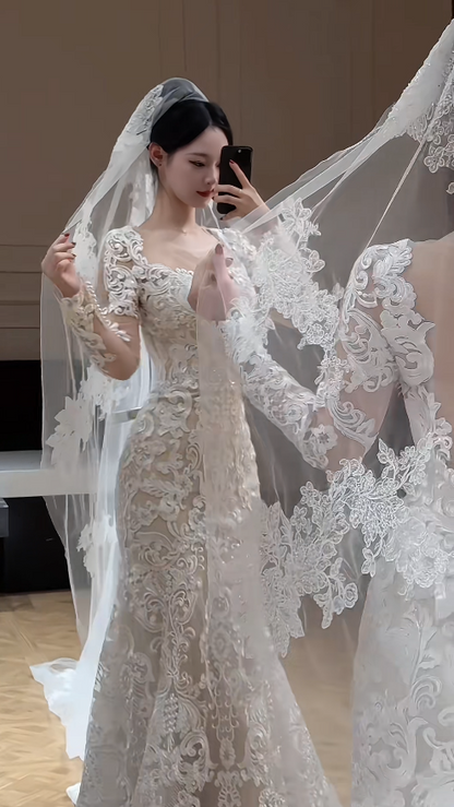 Gorgeous Sweetheart Mermaid Long Weddng Dresses Tulle Appliques White Bridal Gowns Long Sleeves Bridal Dresses