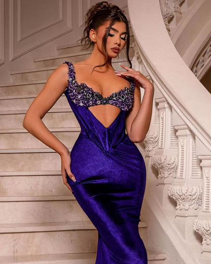 Graceful Purplestonetti Strap Patchwork Slimming Prom Dress