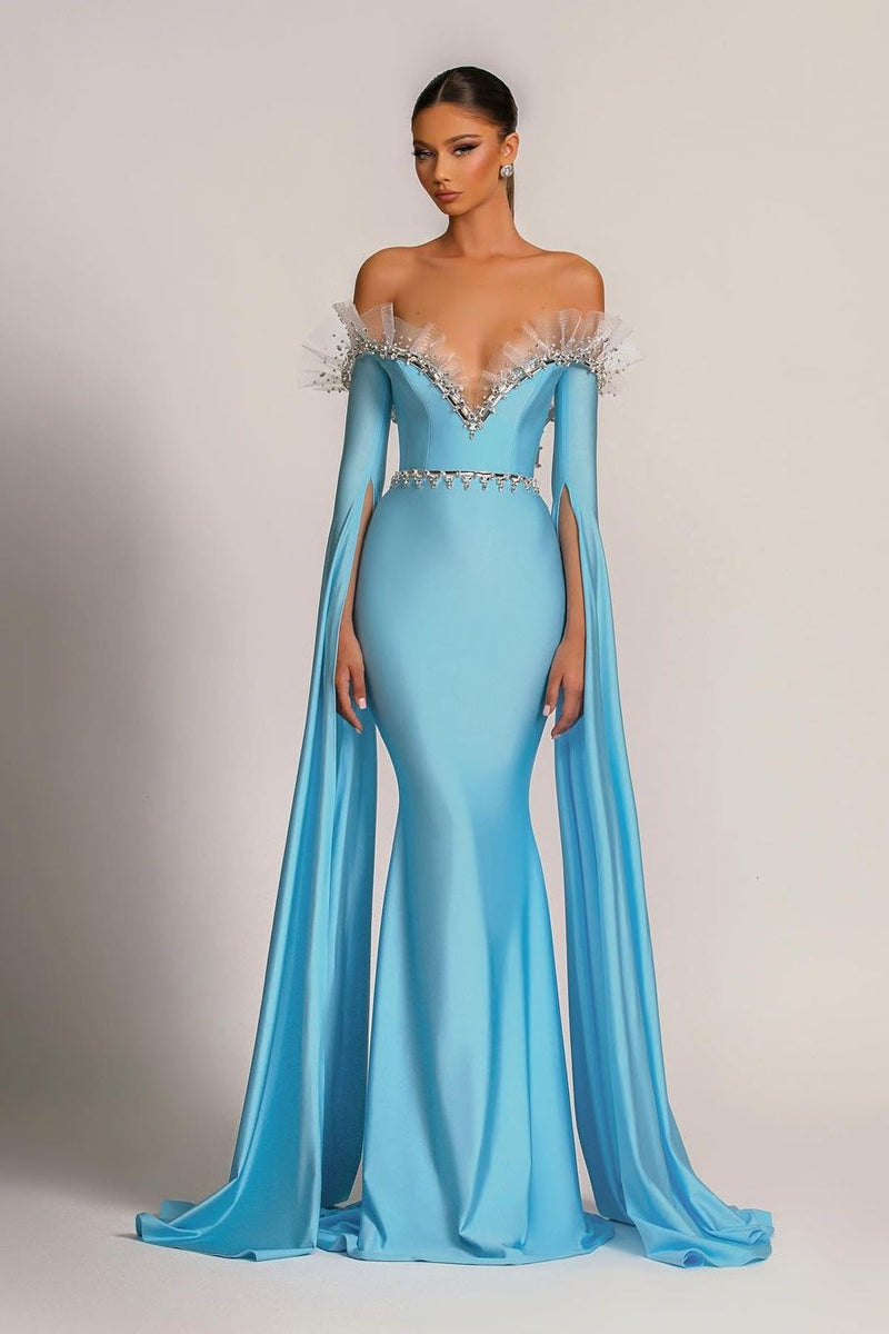 Graceful Sky Blue Off-the-shoulder Tulle Patchwork Mermaid Prom Dress