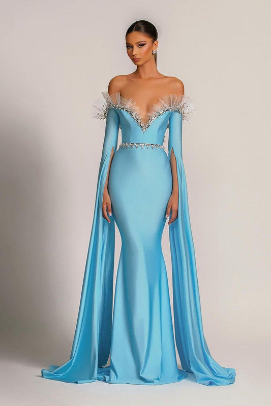 Graceful Sky Blue Off-the-shoulder Tulle Patchwork Mermaid Prom Dress