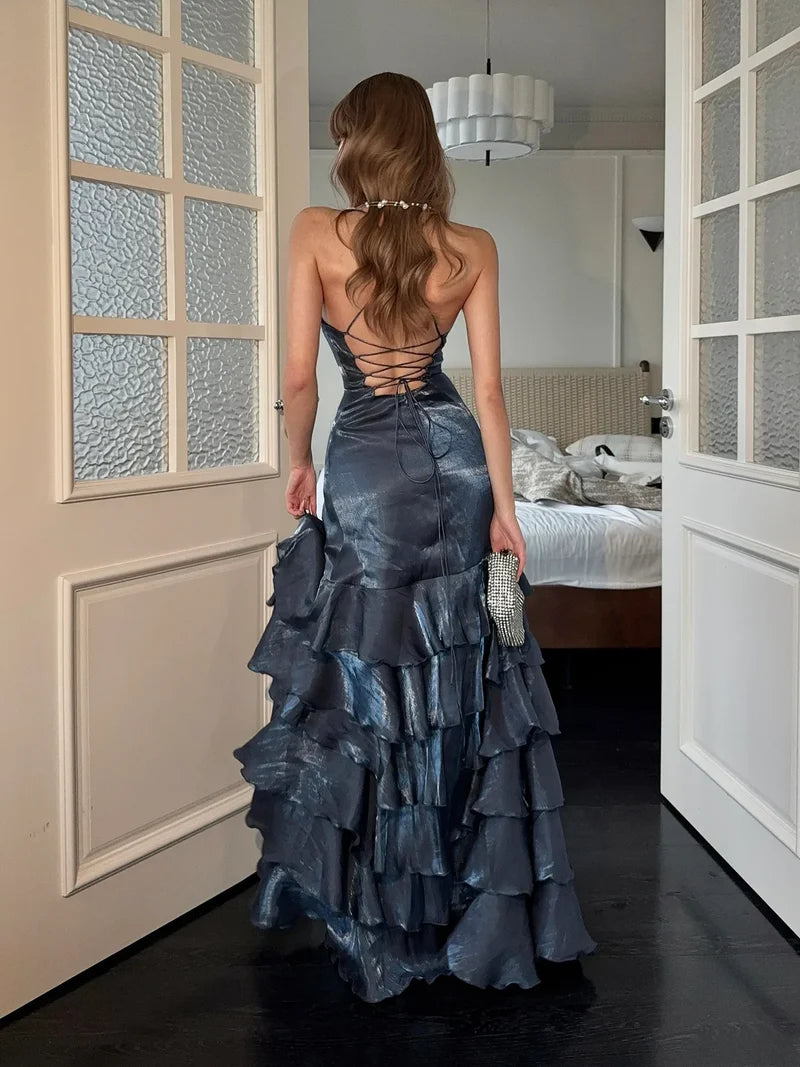 Gray Blue V-Neck Mermaid Prom Dress Sleevelesses withLR0124