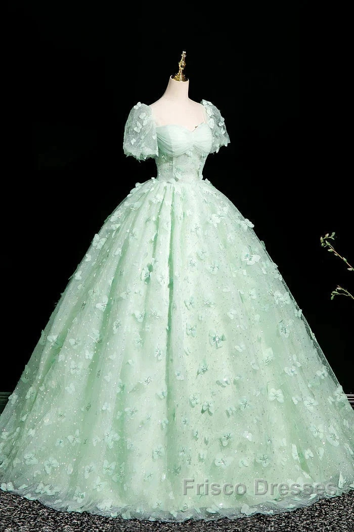 Green A-Line Tulle Beaded Sequin Long Formal Prom Dress, Beautiful 3D Butterfly Evening Dress