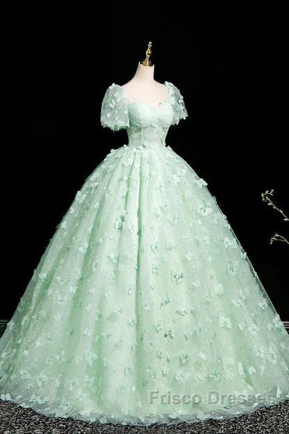 Green A-Line Tulle Beaded Sequin Long Formal Prom Dress, Beautiful 3D Butterfly Evening Dress