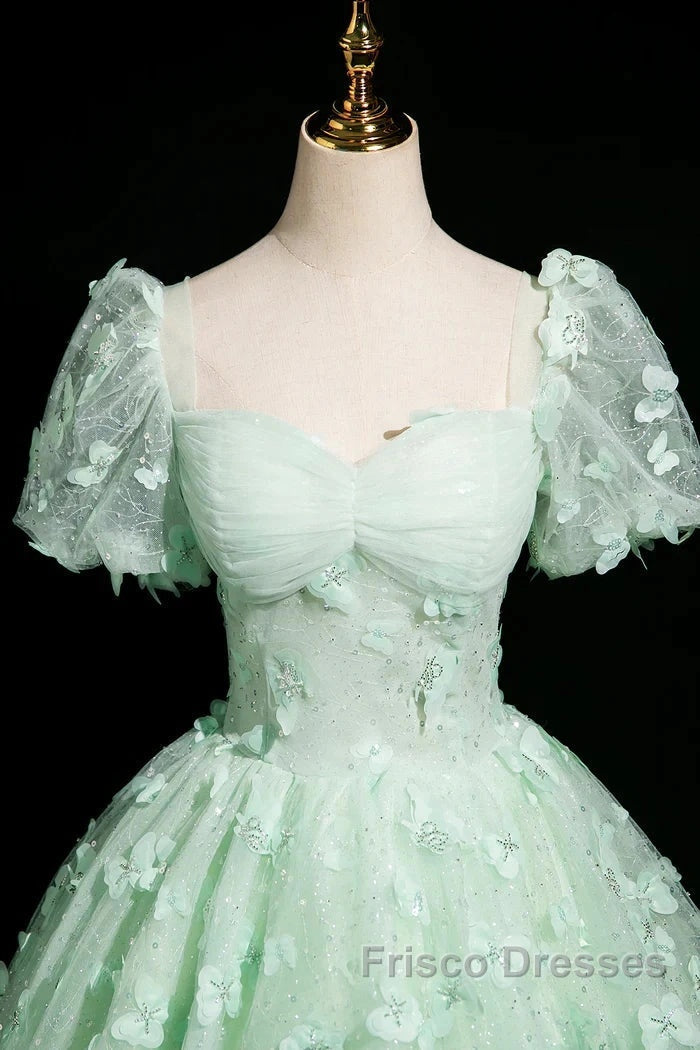 Green A-Line Tulle Beaded Sequin Long Formal Prom Dress, Beautiful 3D Butterfly Evening Dress