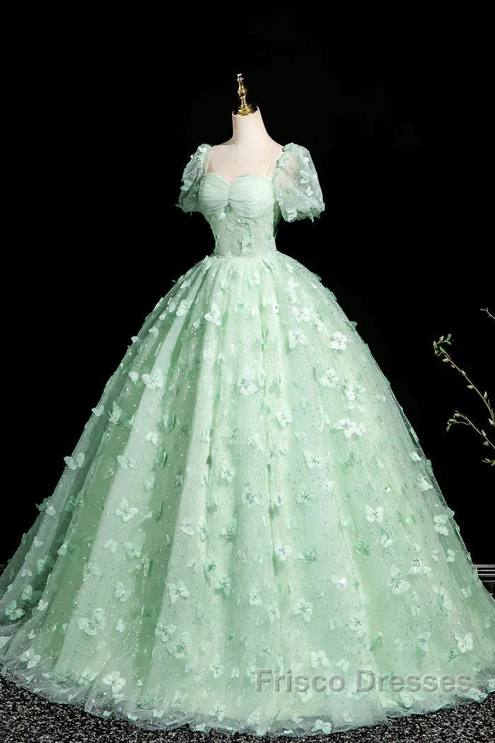 Green A-Line Tulle Beaded Sequin Long Formal Prom Dress, Beautiful 3D Butterfly Evening Dress