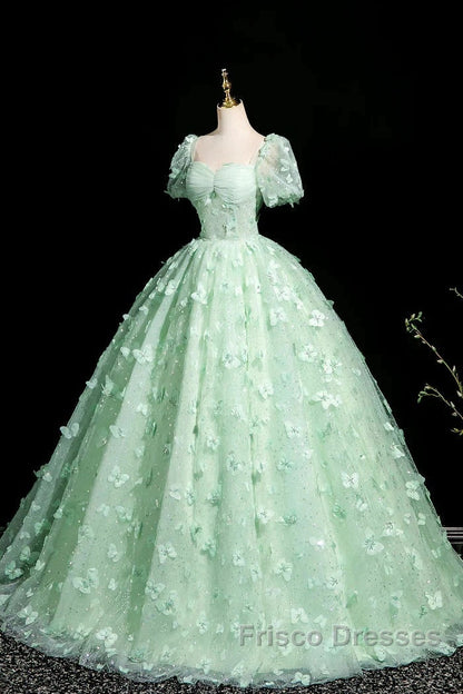 Green A-Line Tulle Beaded Sequin Long Formal Prom Dress, Beautiful 3D Butterfly Evening Dress