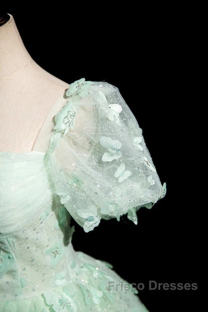 Green A-Line Tulle Beaded Sequin Long Formal Prom Dress, Beautiful 3D Butterfly Evening Dress