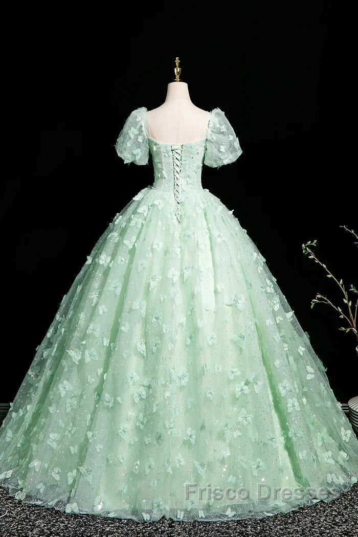 Green A-Line Tulle Beaded Sequin Long Formal Prom Dress, Beautiful 3D Butterfly Evening Dress