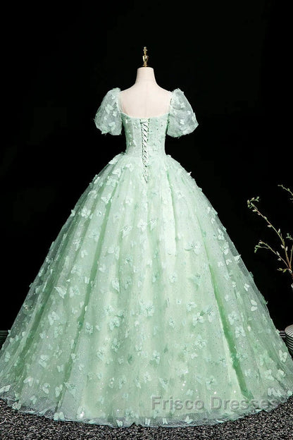 Green A-Line Tulle Beaded Sequin Long Formal Prom Dress, Beautiful 3D Butterfly Evening Dress
