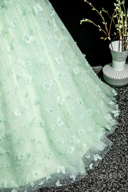 Green A-Line Tulle Beaded Sequin Long Formal Prom Dress, Beautiful 3D Butterfly Evening Dress
