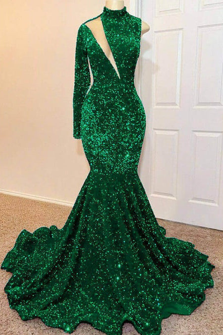 Green Long Sleeves High Neck Mermaid Long Prom Dress With Sequins