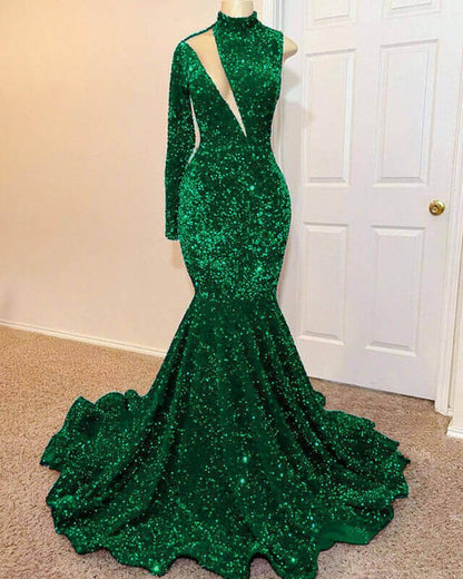 Green Long Sleeves High Neck Mermaid Long Prom Dress With Sequins