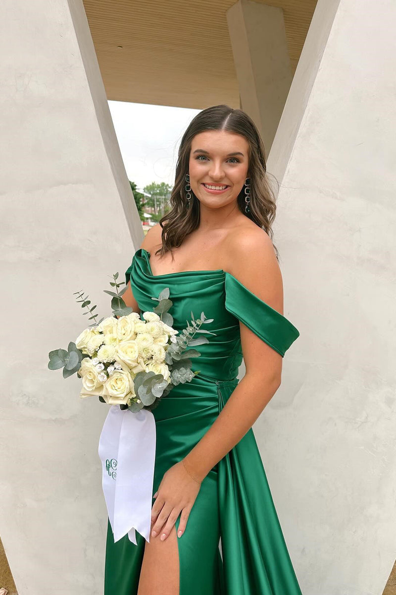Green Off-the-shoulder Ruched Long Dress with High Slit
