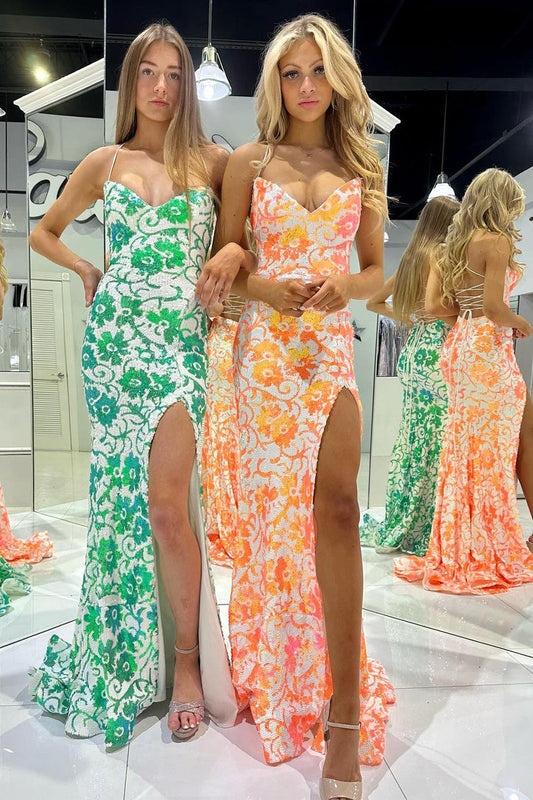 Green Sequin Lace V Neck Mermaid Prom Dresses with Slit