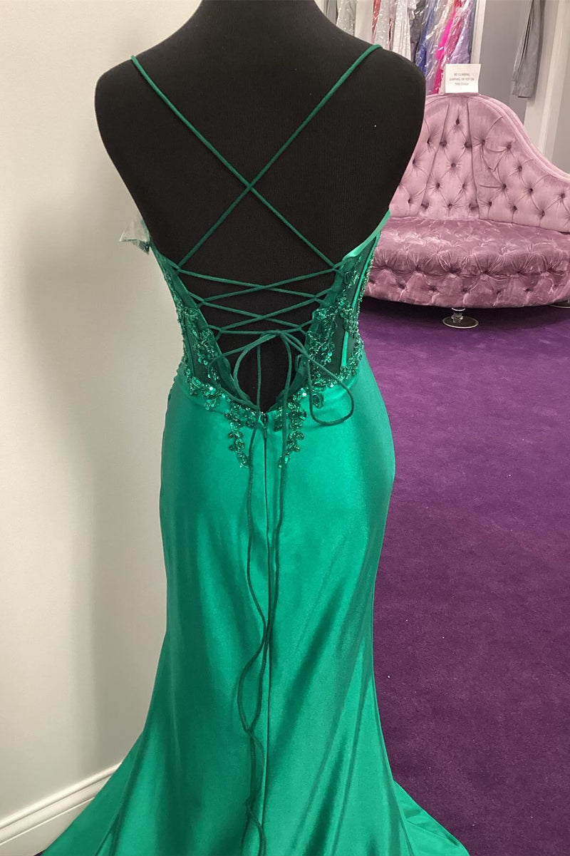 Green Sheer Appliques Satin Mermaid Long Party Dress