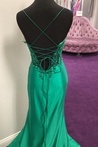 Green Sheer Appliques Satin Mermaid Long Party Dress