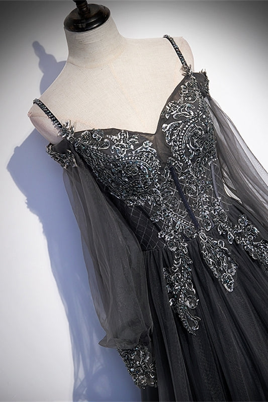 Grey Tulle A-line Long Formal Dress with Long Sleeves