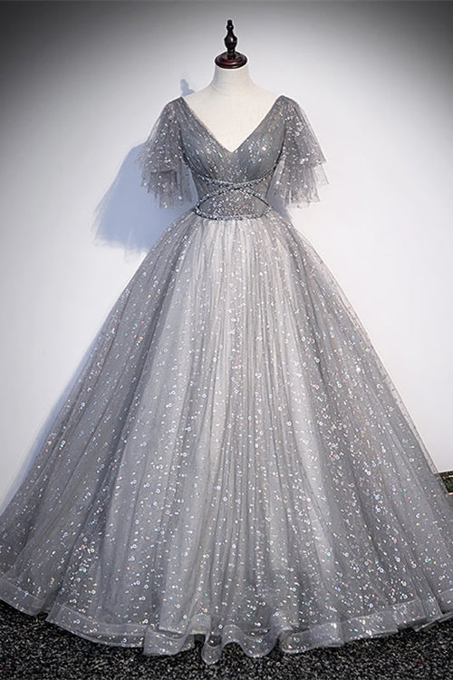 Grey V Neck A-line Long Formal Gown with Flutter Sleeves