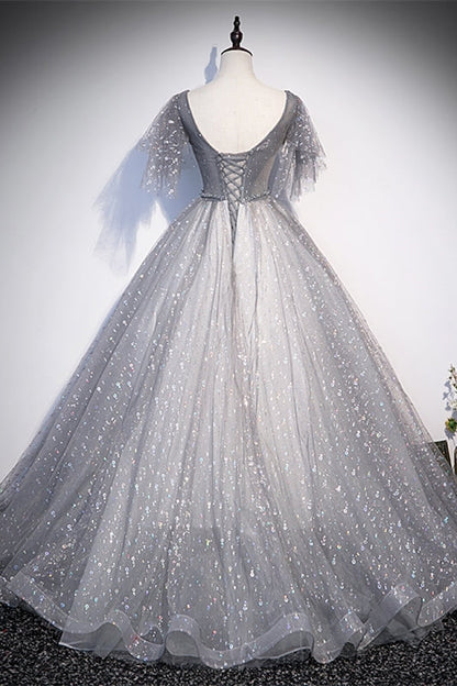 Grey V Neck A-line Long Formal Gown with Flutter Sleeves
