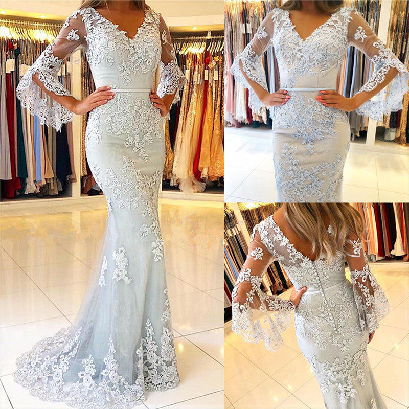 Half Sleeve Mermaid Prom Dress with Lace Appliques