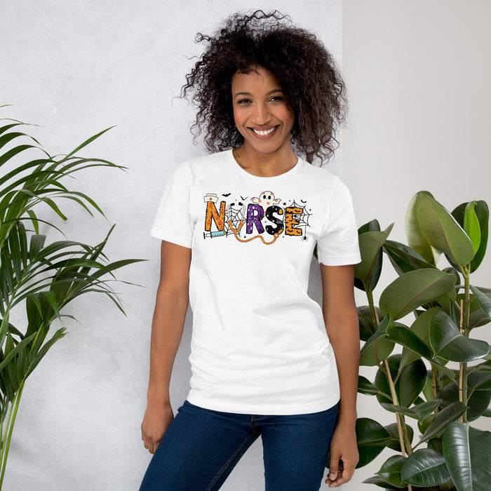 Nurse shirt with Halloween doodles filling the word nurse