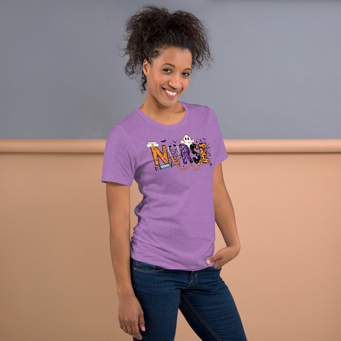 Nursing student Halloween shirt with nurse word in spooky doodles