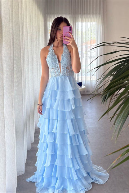Halter Red Lace Appliques Chiffon Ruffle Prom Dress