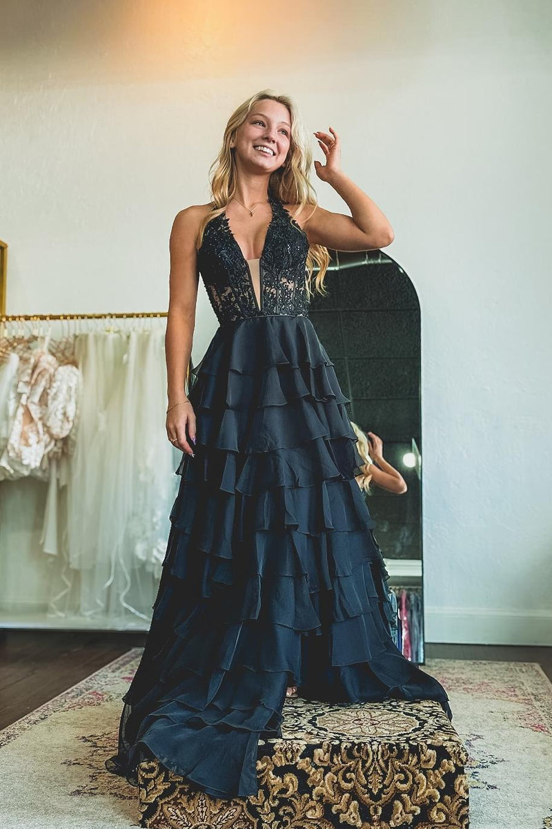 Halter Red Lace Appliques Chiffon Ruffle Prom Dress