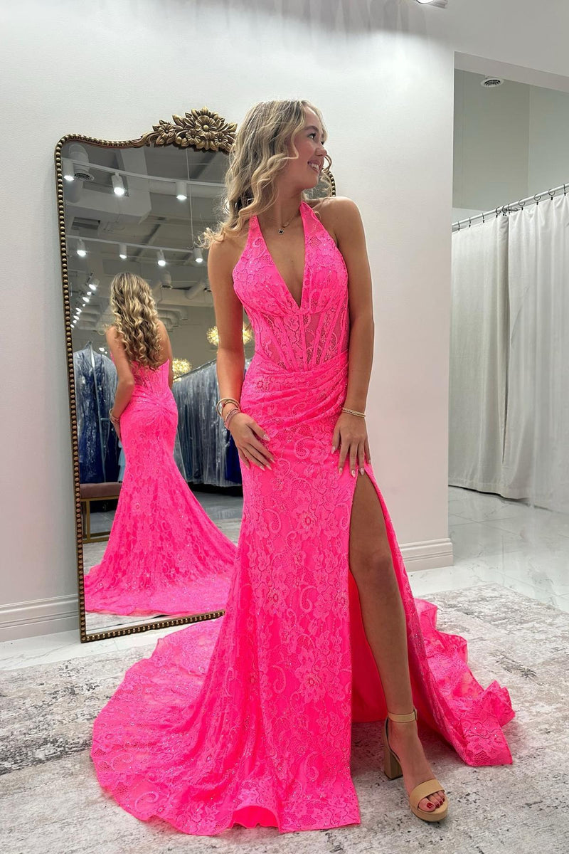 Halter Red Lace Mermaid Long Formal Dress