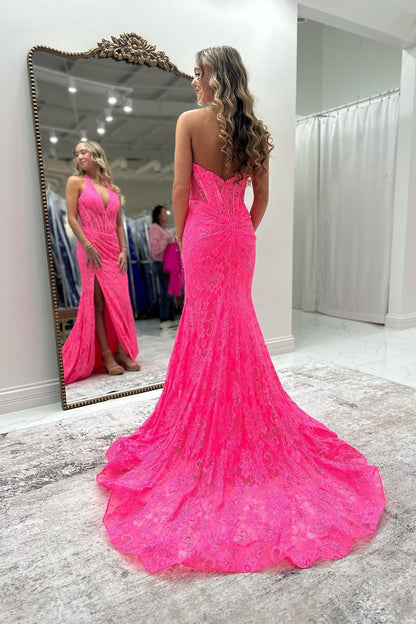 Halter Red Lace Mermaid Long Formal Dress