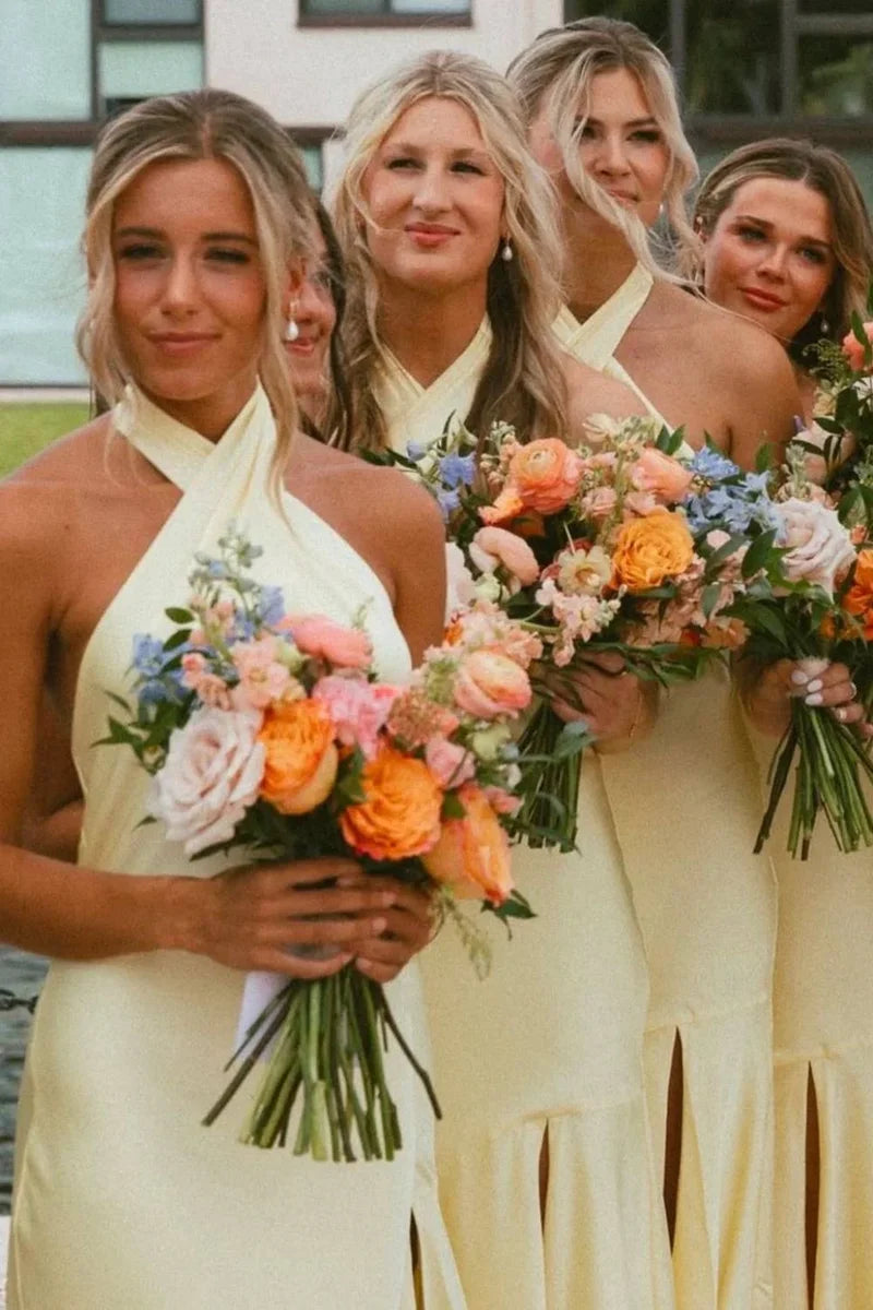 Halter Yellow Backless Bridesmaid Dress with Slit